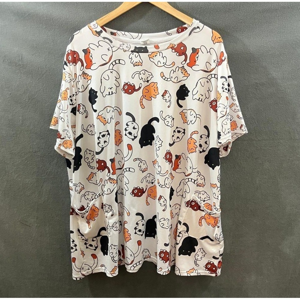 Vet Nurse Cartoon Cat Print Oversized Tunic Top Pockets White Multi Casual 5XL